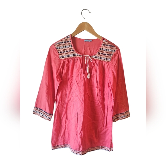 J. McLaughlin Sz Large Coral Emboidered Cotton Tunic Top WT353 - Picture 2 of 7